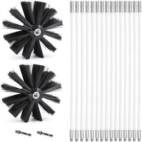 Kit de Ramonage, Brosse Nettoyage Cheminée Ø150mm pour Cheminées avec 15 Tiges Flexibles de 410 mm et 2 TêTes de Brosse