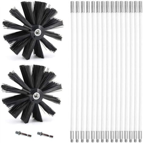 Kit de Ramonage, Brosse Nettoyage Cheminée Ø150mm pour Cheminées avec 15 Tiges Flexibles de 410 mm et 2 TêTes de Brosse