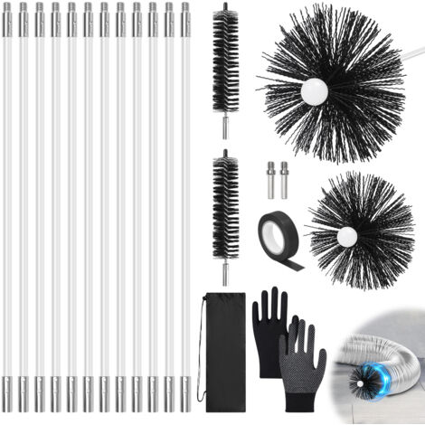 Kit de ramonage conduits gainés brosse hérisson nylon 150 mm / 100 mm / 40 mm – Longueur 4.9 mètres en 12 cannes de 410mm