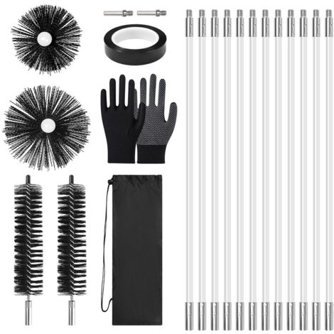 Kit de ramonage de cheminée 4.9m – Brosse nylon 150mm 100mm 40mm – 12 tiges flexibles 410mm – Accessoire perceuse inclus