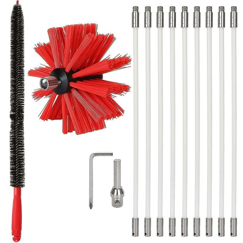 Ikodm - Kit de ramonage de cheminée professionnel - 3.6m - Brosse de nettoyage de cheminée en nylon réglable 100mm - Conduits 9 tiges de
