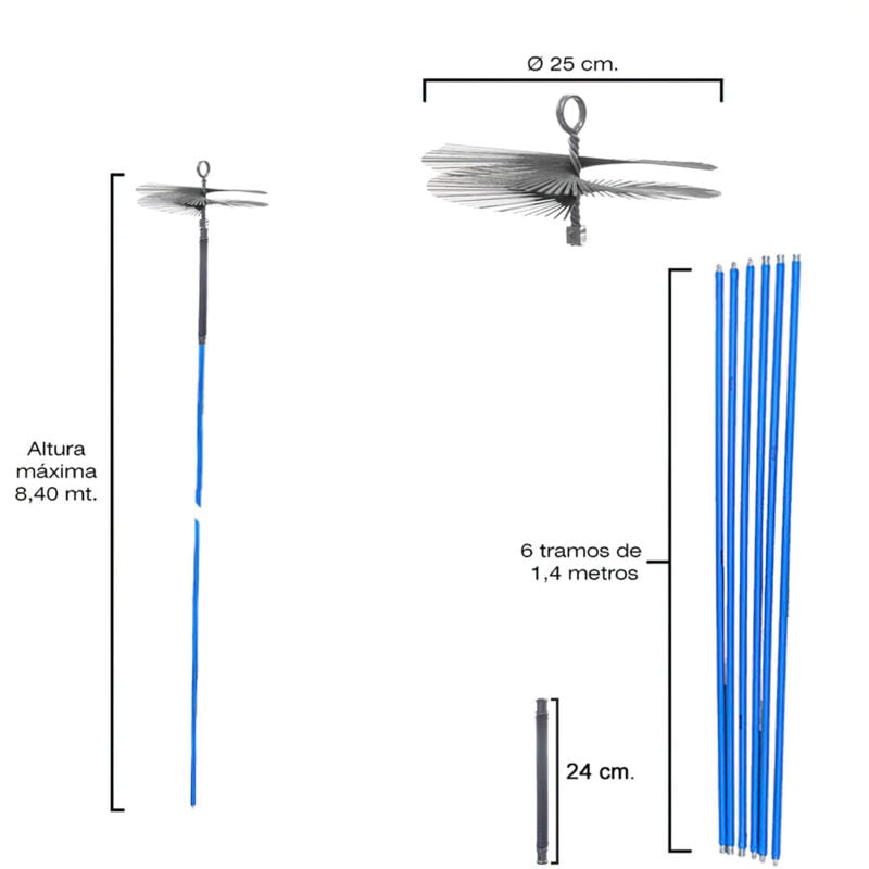 Kit de ramonage pour cheminées avec hérisson 8,4 m x 250 mm Diamètre.