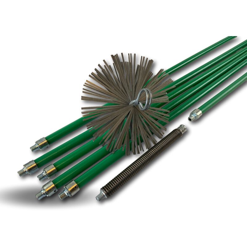 Kibros - Kit de ramonage pro conduits non gainés Hérisson acier ø 150 mm 8 m en 6 cannes vertes autobloquantes ø 18mm creuses Ressort de départ 51,4