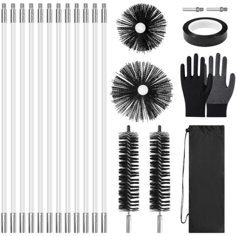 Kit de ramonage pro hérisson - avec 12 tiges en nylon, 3 tailles de brosse (150 mm, 100 mm, 40 mm), 2 adaptateurs hexagonaux, Ruban adhésif, gants, sacs de rangement - pour tous types de conduits de f