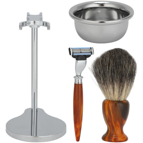 Kit de Rasage Traditionnel pour Homme - Rasoir de Sécurité, Brosse à Barbe, Savon à Raser et Porte-Rasoir - Ensemble 4 Pièces