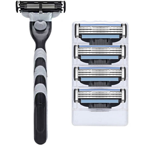 Kit de rasoir – Rasoir à trois lames pour tous types de barbe (1 manche de rasoir noir à trois lames + 4 têtes de rasoir noires à trois lames)