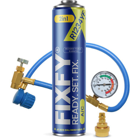 Kit de recarga de aire acondicionado FIXFY 2 en 1 de 500 ml - ENVASE GRANDE + Manguera + Adaptador R1234yf