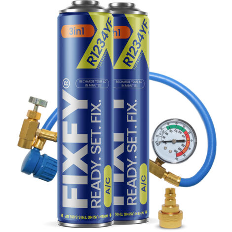Kit de recarga de aire acondicionado FIXFY 3 en 1 de 500 ml - 2 bidones grandes + manguera + adaptador R1234yf