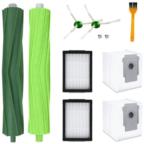 Kit de rechange 9 pièces pour iRobot E5/E6 : brosse rotative, brosse latérale, filtre et sac à poussière.