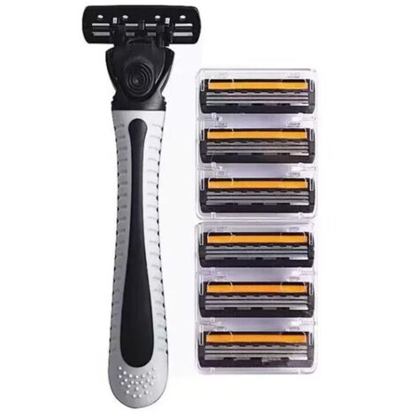 Kit de rechange de rasoir homme – 6 têtes de lame triple couche orange-noir + manche à interrupteur gris – Rasage confortable pour peau sensible