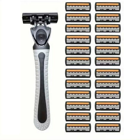 Kit de rechange pour rasoir homme (3 lames) - 24 têtes de rasage triple couche orange/noir + 1 manche antidérapant gris - Idéal pour peau sensible & cadeau d'anniversaire