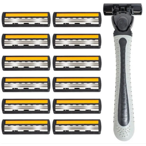 Kit de Rechange Rasoir Homme 3 Lames – Pour Rasage Près Sensible (12 Têtes Triple + 1 Manche Gris Antidérapant)