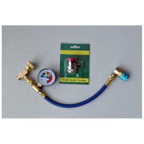 Kit de recharge DC402 avec raccord haute pression R134a – Manomètre intégré – Embouts en laiton – Flexible haute qualité – Duracool