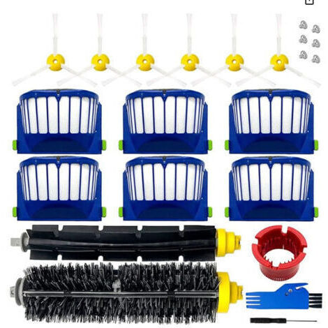Kit de remplacement pour aspirateur irobot Roomba 600 694 692 650 660 651 avec 2 brosses principales + 6 brosses latérales + 6 vis + 6 filtres + 2 outils de nettoyage + 1 tournevis