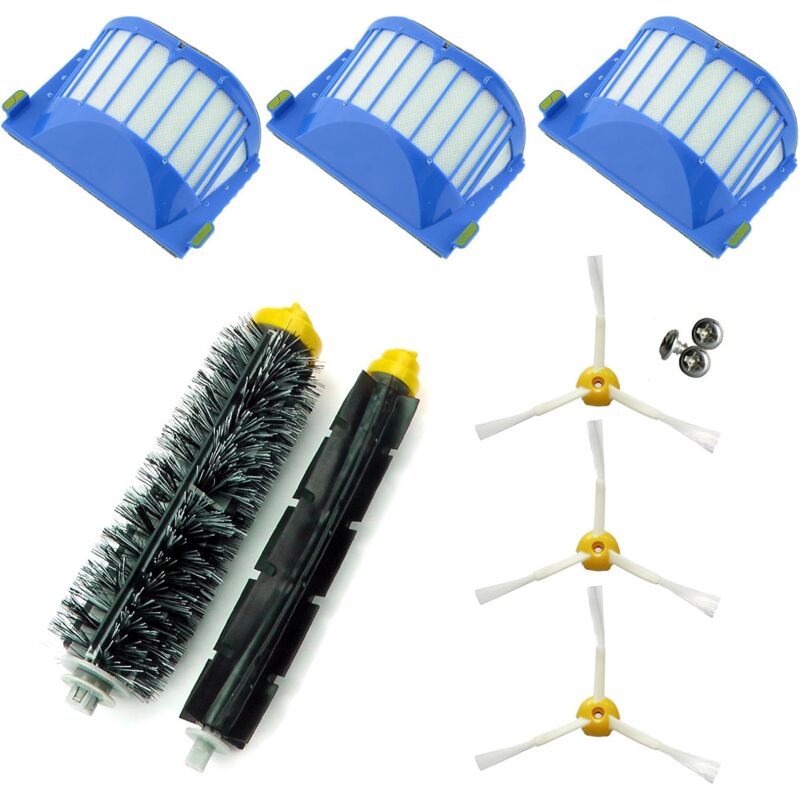 Kit de remplacement pour aspirateur robot Roomba 600/610/620/621/630/650/651/655/660/661/PET avec 3 filtres AeroVac, 3 brosses à 3 pales, 1 brosse
