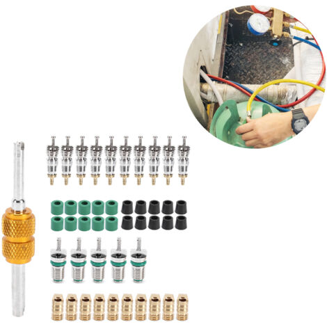 Kit de reparación de aire acondicionado [46 piezas] – Extractor de válvulas con juntas para R410/R22/R134a – Silicona/Latón/Acero inoxidable