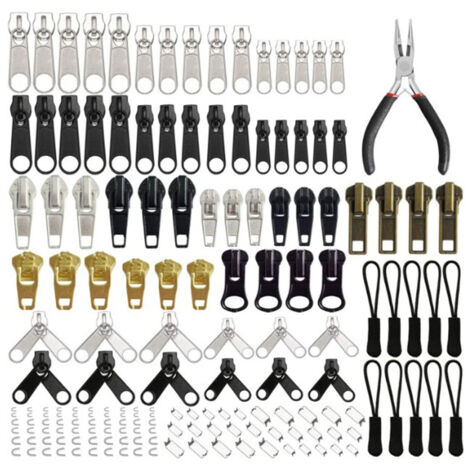 Kit de reparación de cremalleras con alicates para cremalleras y extensores de cremalleras para ropa, chaquetas y mochilas (plateado y negro)