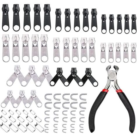 Kit de reparación de cremalleras de 85 piezas, incluye cremalleras de repuesto con tiradores y miniclips, color negro.