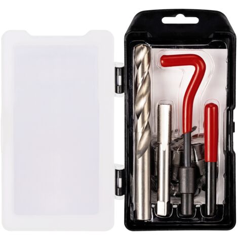 Kit de reparación de rosca de bujía M10 x 1.25 mm con helicoils. Incluye broca, macho, herramienta de inserción, punzón y 10 insertos.