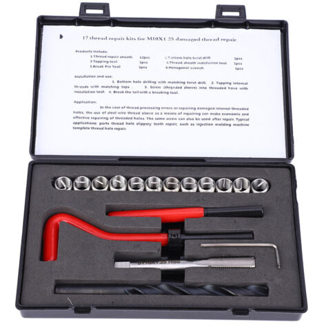 Kit de reparación de roscas de 17 piezas, M10 x 1,25, acero inoxidable, juego de machos para recortar roscas internas