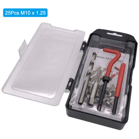 Kit de reparación de roscas M-10 x 1.25 (25 piezas) compatible con Helicoil para roscas de 10 mm dañadas.