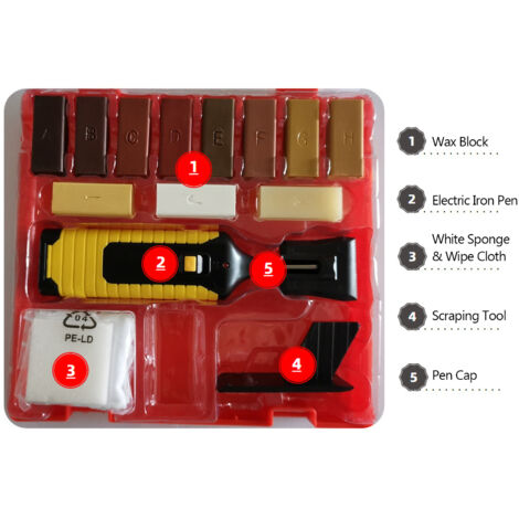 Kit de reparación para suelos y muebles para disimular grietas y arañazos en suelos de madera maciza y laminados. Contiene 11 bloques de cera de colores y una plancha para alisar.