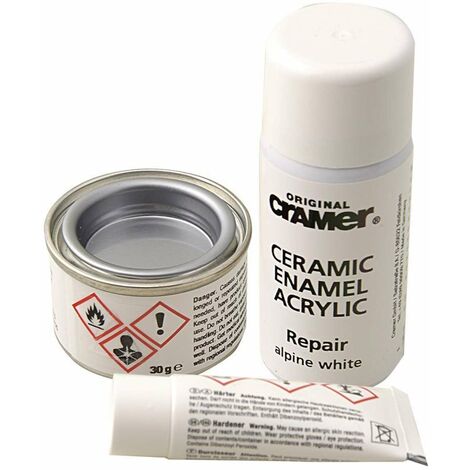 Kit de réparation céramique, émail, acrylique – Mastic bi-composant, durcisseur, peinture aérosol – Pour 7 réparations – Blanc – Cramer