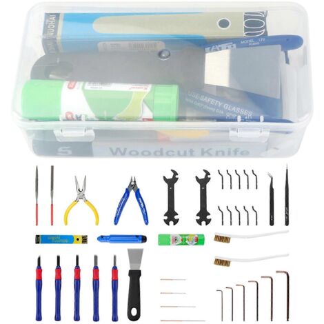 Kit de réparation complet pour buses d'imprimante 3D : pinces à aiguille, clés et leviers.