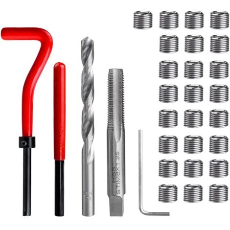 Kit de Réparation de Fil de M8 en Acier Inox, 30 pièces Outils de Réparation Filetage avec Foret Taraud Clé Inserts Filetés Ensemble d'Outils à Main Compatible pour Réparation Automatique