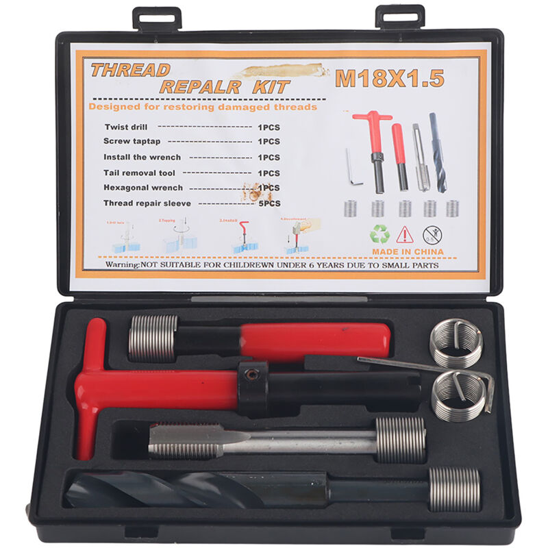 Eosnow - Kit de réparation de filetage 10 pièces, clé de forage torsadée en acier inoxydable, insertion filetée pour voiture M18x1, 5