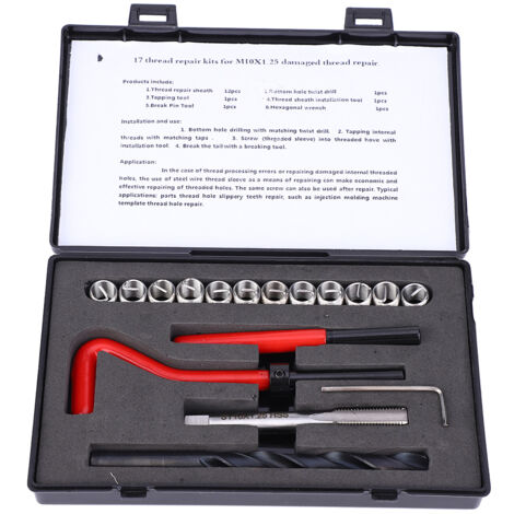 Kit de réparation de filetage 17 pièces M10x1,25 Ensemble de tarauds de refiletage en acier inoxydable pour filetage femelle