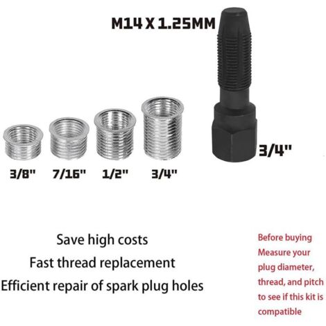 Kit de réparation de filetage de bougie d'allumage 5 pièces M14 X 1,25, kit de refiletage de culasse, outil de réparation de filetage de cylindre d'alésoir de 14 mm