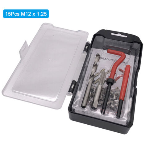Kit de réparation de filetage M12 x 1,25 (15 pièces) compatible Helicoil pour filetages endommagés de 12 mm
