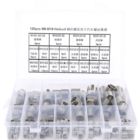 Kit de réparation de filetage métrique M6-M18 en acier inoxydable, 120 pièces pour réparations automobiles