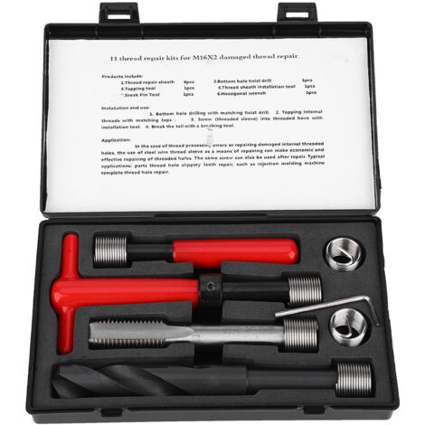 Kit de réparation de filetage, perceuse torsadée en acier inoxydable, clé à taraud, outil d'insertion fileté M16x2 11 pièces