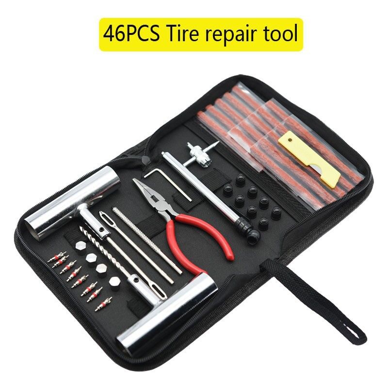 Kit de Réparation de Pneu 46 Pièces Tubeless Roue de Réparation Pneu Crevaison Urgence Outils de Prise Tubeless Réparation de Perforation Pneu