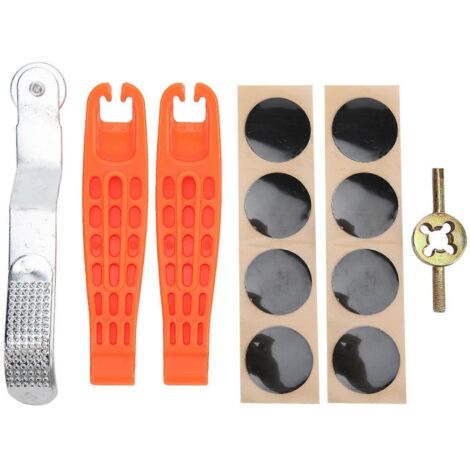 Kit de réparation de pneu intérieur de vélo : démonte-pneus avec râpe, patch adhésif sans colle et outils de réparation en caoutchouc.