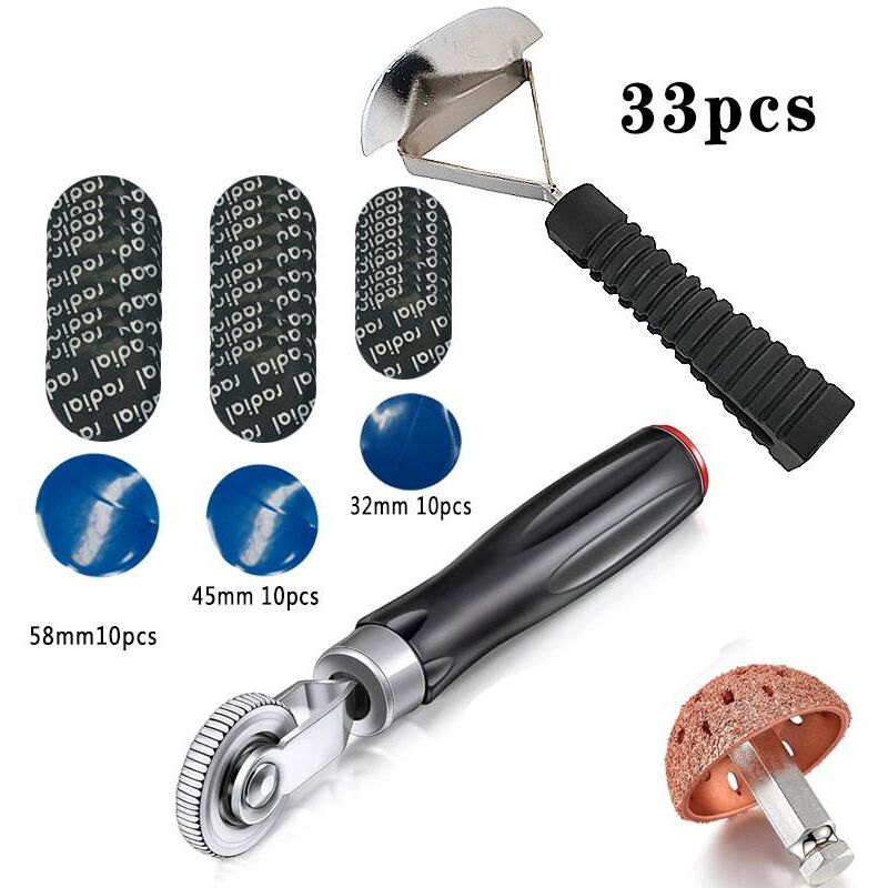 Kit de réparation de pneus 33 pièces - Rouleau de réparation de pneus, plaquettes de pneu, roues et rustines pour pneus de voiture - 42 mm