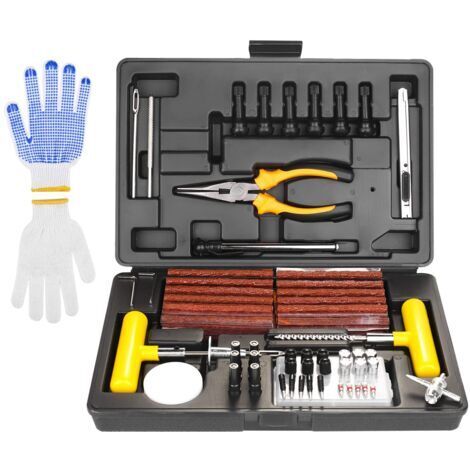 Kit de réparation de pneus sous vide avec manomètre de pression des pneus, gants de pneu, kit de réparation de camion de tracteur de moto de vélo de voiture (100 pièces)