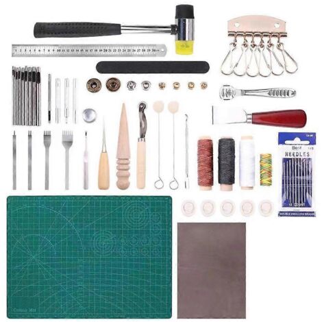 Kit de réparation de sellerie cuir comprenant 69 outils et fournitures utiles pour le travail du cuir