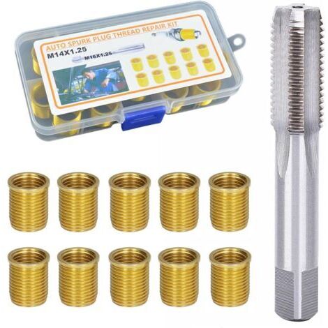 Kit de réparation de trous filetés de bougies d'allumage M14 x 1,25 mm (10 pièces) avec taraud, en métal, pour moteurs essence, générateurs et moteurs diesel (doré)
