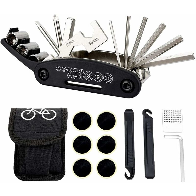 Fei Yu - Kit de réparation de vélo 16 en 1, ensemble d'outils multifonctions avec sac de patchs de vélo auto-adhésifs inclus pour vtt et vélos de