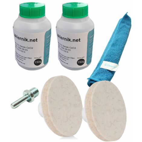 Kit de réparation de vitres 300g – Oxyde de cérium pour élimination rayures – 2 flacons + disque feutre 75mm – Polissage phares et miroirs