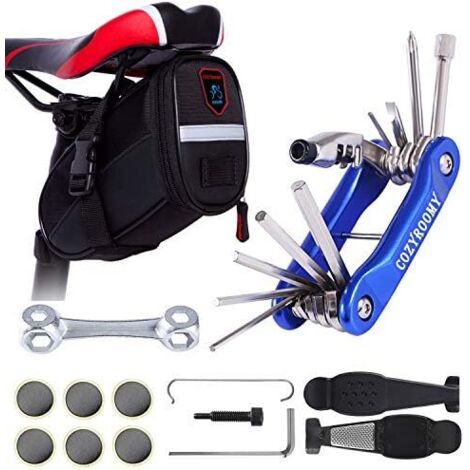 Kit de Réparation Outil Vélo - Multifonction 10 en 1 avec Chaîne, Sac Selle, Levier Pneu et Patch pour Tube Auto-adhésif Bleu