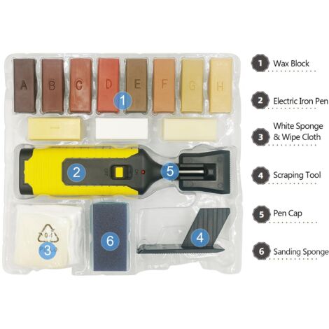 Kit de réparation pour sols et meubles en bois lamifié - Outil multi-usage avec stylo thermique et blocs de wax - Coffret complet 11 teintes pour fissures et rayures