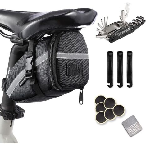 Kit de réparation vélo noir 16 en 1 avec bande réfléchissante et outil de réparation arrière - Sacoche de selle pour VTT, cyclisme, voyage et randonnée