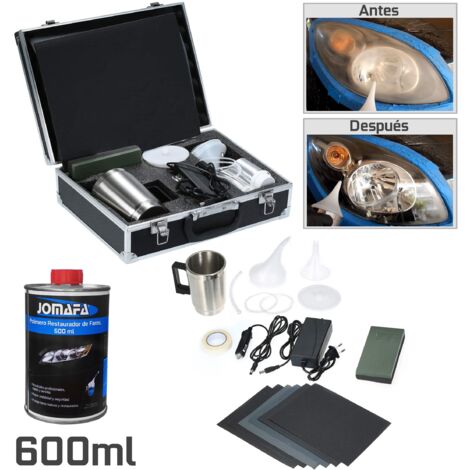 Kit de Restauración de Faros con Polimero Reparación de Arañazos Renovación de Faros con Caja Transporte  Incluye botella de 600 ml de POLIMERO
