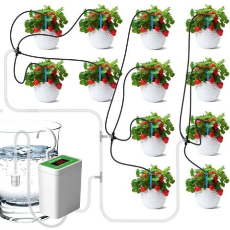 Kit de riego automático por goteo KZQ, 12 juegos de riego automático para plantas de interior, pantalla LED y sistema de riego por goteo recargable por USB.