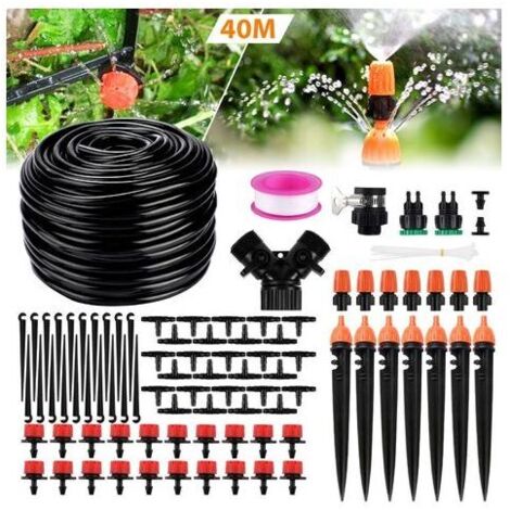 Kit de riego de jardín DIY, sistema de riego por goteo de 40 m de largo, aspersor incorporado y doble salida, adecuado para jardín, césped, paisaje, huerto.