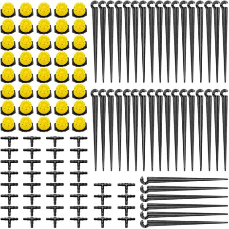 Kit de riego por goteo automático de 120 piezas de 4/7 mm, 40 goteros ajustables + 40 conectores en T para manguera + 40 estacas de soporte para tubería de goteo de 4/7 mm, para jardín, amarillo